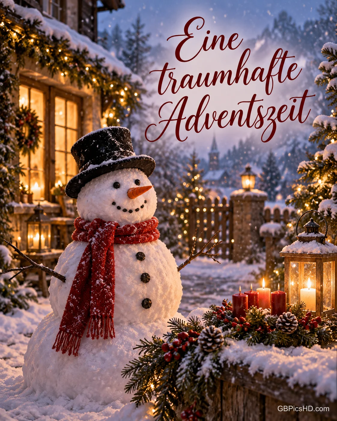 Ein Schneemann mit schwarzem Hut und rotem Schal steht neben Kerzen und einer Laterne im Schnee mit dem Gruß "Eine traumhafte Adventszeit". Ein Schneemann mit schwarzem Hut und rotem Schal steht neben Kerzen und einer Laterne im Schnee mit dem Gruß "Eine traumhafte Adventszeit".
