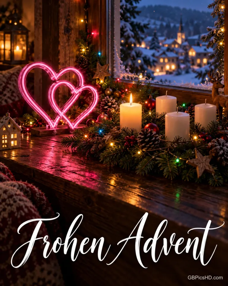 Zwei leuchtende rosa Herzen und ein Adventsgesteck mit weißen Kerzen stehen vor einem Fenster mit verschneitem Dorf über "Frohen Advent".
