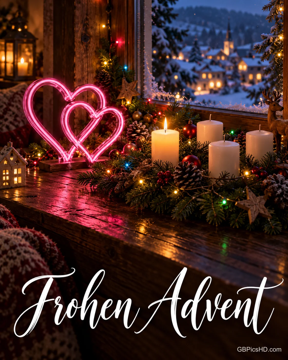 Zwei leuchtende rosa Herzen und ein Adventsgesteck mit weißen Kerzen stehen vor einem Fenster mit verschneitem Dorf über "Frohen Advent". Zwei leuchtende rosa Herzen und ein Adventsgesteck mit weißen Kerzen stehen vor einem Fenster mit verschneitem Dorf über "Frohen Advent".