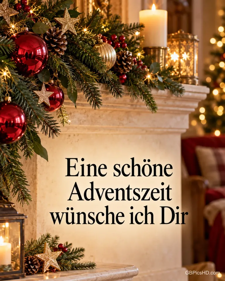 Tannengrün mit roten Kugeln und goldenen Sternen schmückt einen Kamin mit dem Gruß "Eine schöne Adventszeit wünsche ich Dir".