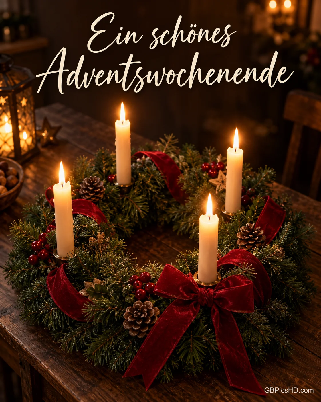 Vier brennende Kerzen stehen in einem Tannenkranz mit roten Schleifen auf einem Holztisch: "Ein schönes Adventswochenende". Vier brennende Kerzen stehen in einem Tannenkranz mit roten Schleifen auf einem Holztisch: "Ein schönes Adventswochenende".