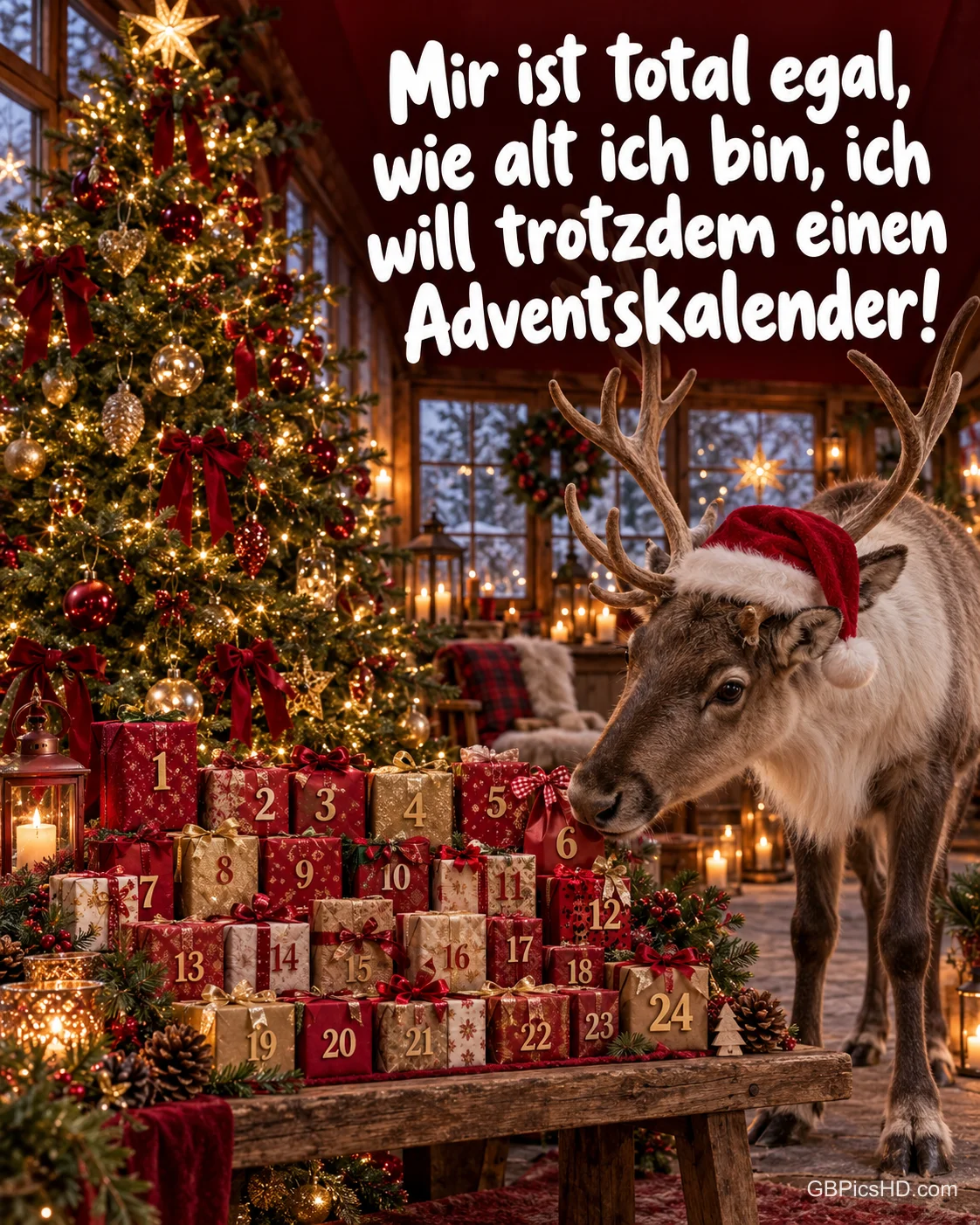 Rentier mit Weihnachtsmütze neben 24 Päckchen: "Mir ist total egal, wie alt ich bin, ich will trotzdem einen Adventskalender!" Rentier mit Weihnachtsmütze neben 24 Päckchen: "Mir ist total egal, wie alt ich bin, ich will trotzdem einen Adventskalender!"