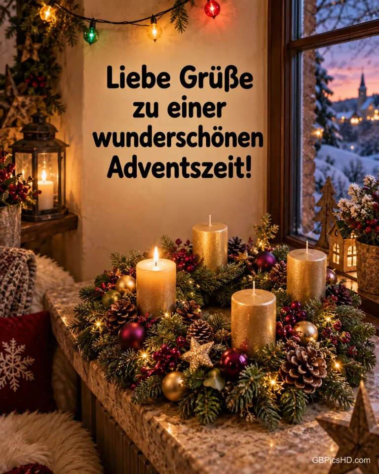 Adventskranz mit vier goldenen Kerzen, eine brennend, am Fenster: "Liebe Grüße zu einer wunderschönen Adventszeit!"