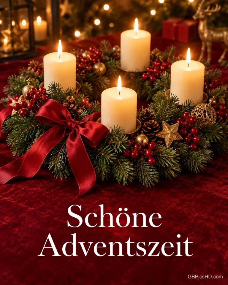 Ein Tannenkranz mit vier brennenden Stumpenkerzen, roten Beeren und einer roten Schleife steht auf rotem Stoff: "Schöne Adventszeit".