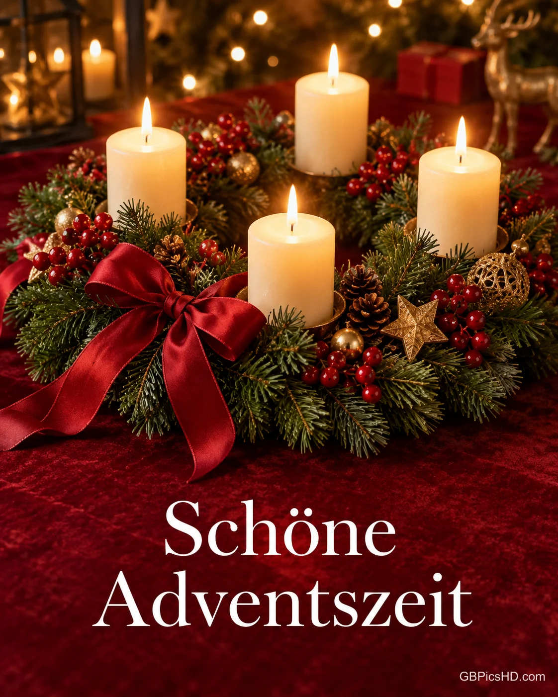 Ein Tannenkranz mit vier brennenden Stumpenkerzen, roten Beeren und einer roten Schleife steht auf rotem Stoff: "Schöne Adventszeit". Ein Tannenkranz mit vier brennenden Stumpenkerzen, roten Beeren und einer roten Schleife steht auf rotem Stoff: "Schöne Adventszeit".