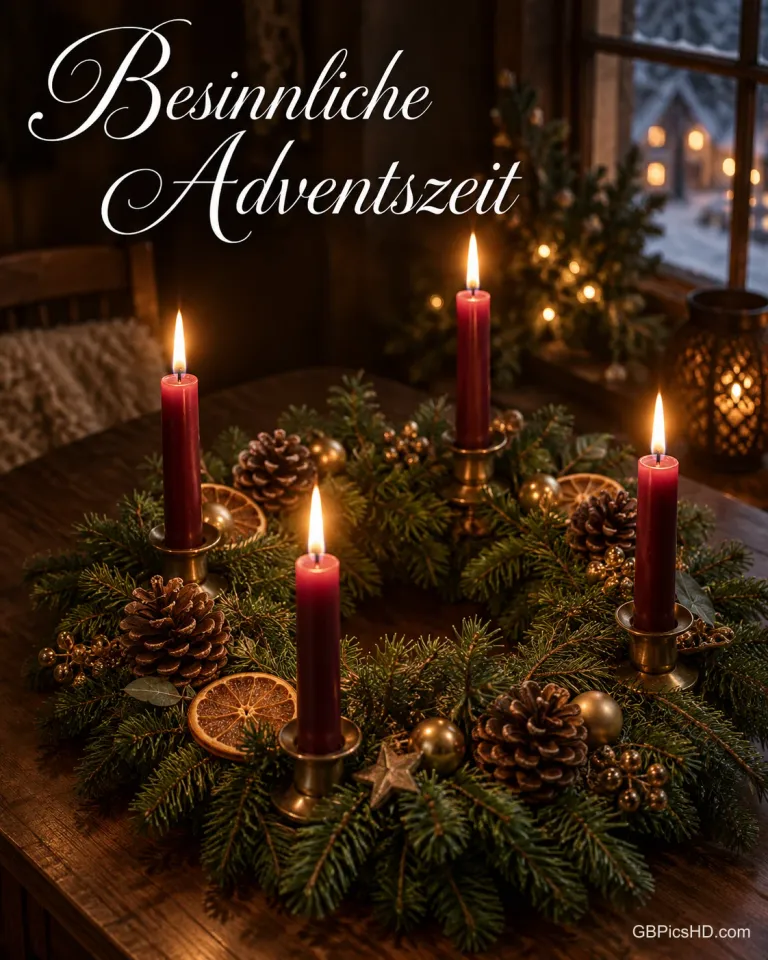 Vier brennende rote Kerzen, Zapfen und getrocknete Orangenscheiben schmücken einen Tannenkranz: "Besinnliche Adventszeit".