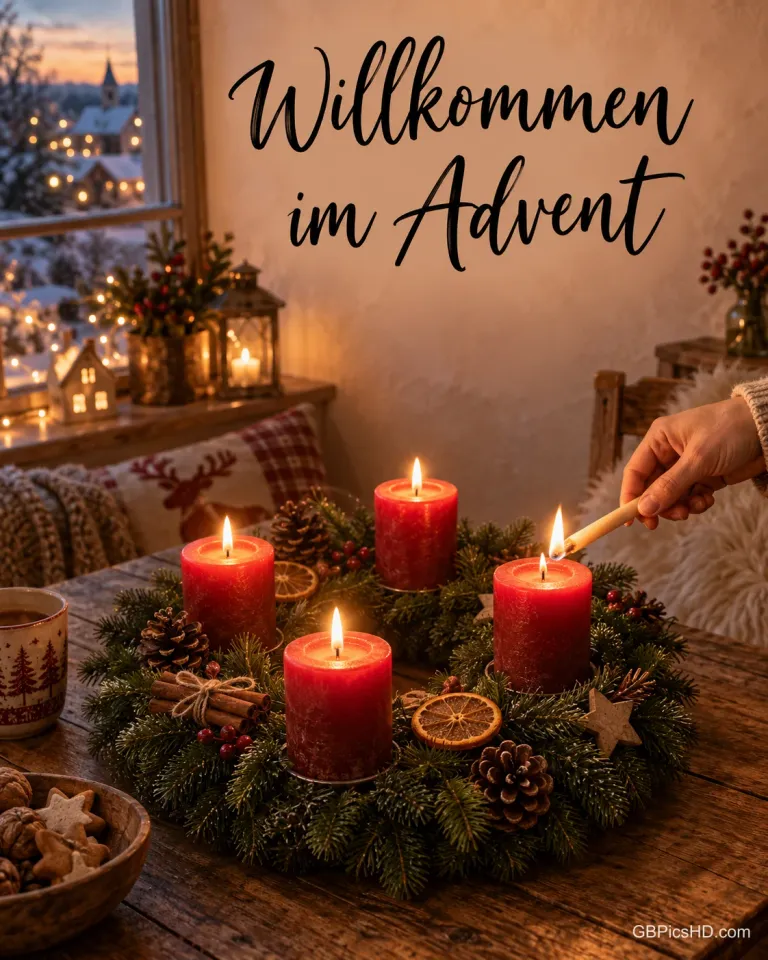 Eine Hand hält ein langes Streichholz an eine der vier roten Kerzen im Adventskranz auf dem Holztisch: "Willkommen im Advent".