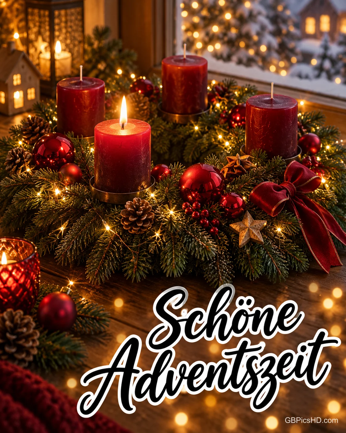 Adventskranz mit vier roten Kerzen, einer brennenden Flamme und der Aufschrift "Schöne Adventszeit". Adventskranz mit vier roten Kerzen, einer brennenden Flamme und der Aufschrift "Schöne Adventszeit".