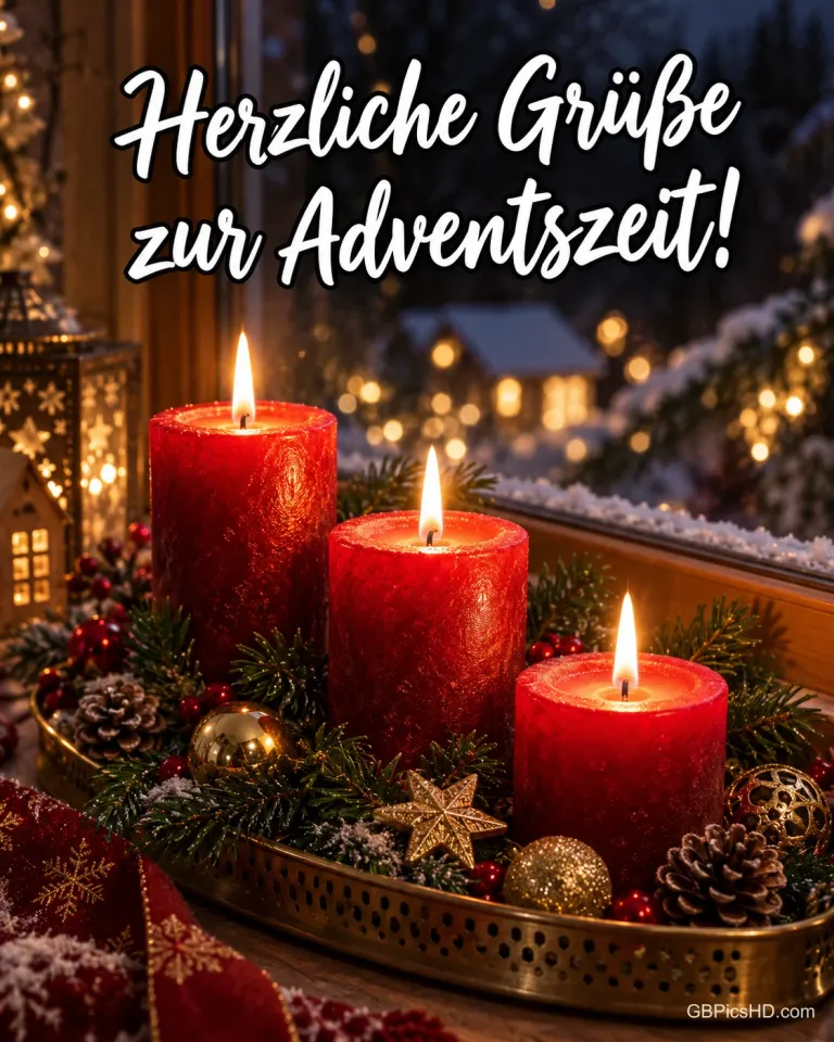 Drei brennende rote Kerzen mit Tannengrün und goldenen Kugeln, darüber "Herzliche Grüße zur Adventszeit!".