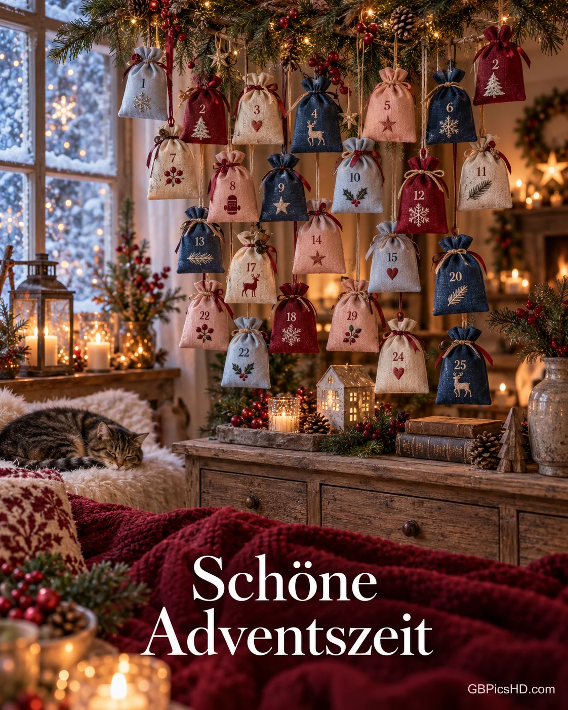 Stoffsäckchen eines Adventskalenders hängen über einer schlafenden Katze; unten steht "Schöne Adventszeit". Stoffsäckchen eines Adventskalenders hängen über einer schlafenden Katze; unten steht "Schöne Adventszeit".