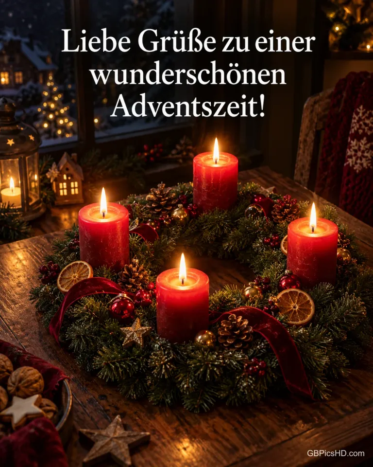 Adventskranz mit vier brennenden roten Kerzen und Orangenscheiben, darüber "Liebe Grüße zu einer wunderschönen Adventszeit!".