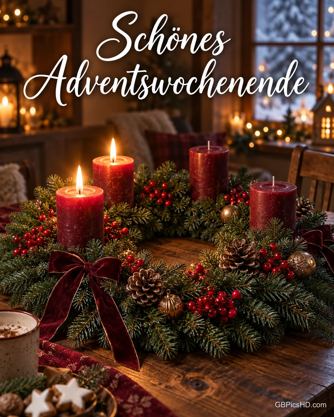 Adventskranz mit vier roten Kerzen, davon zwei brennend, und einer roten Schleife; darüber "Schönes Adventswochenende". Adventskranz mit vier roten Kerzen, davon zwei brennend, und einer roten Schleife; darüber "Schönes Adventswochenende".