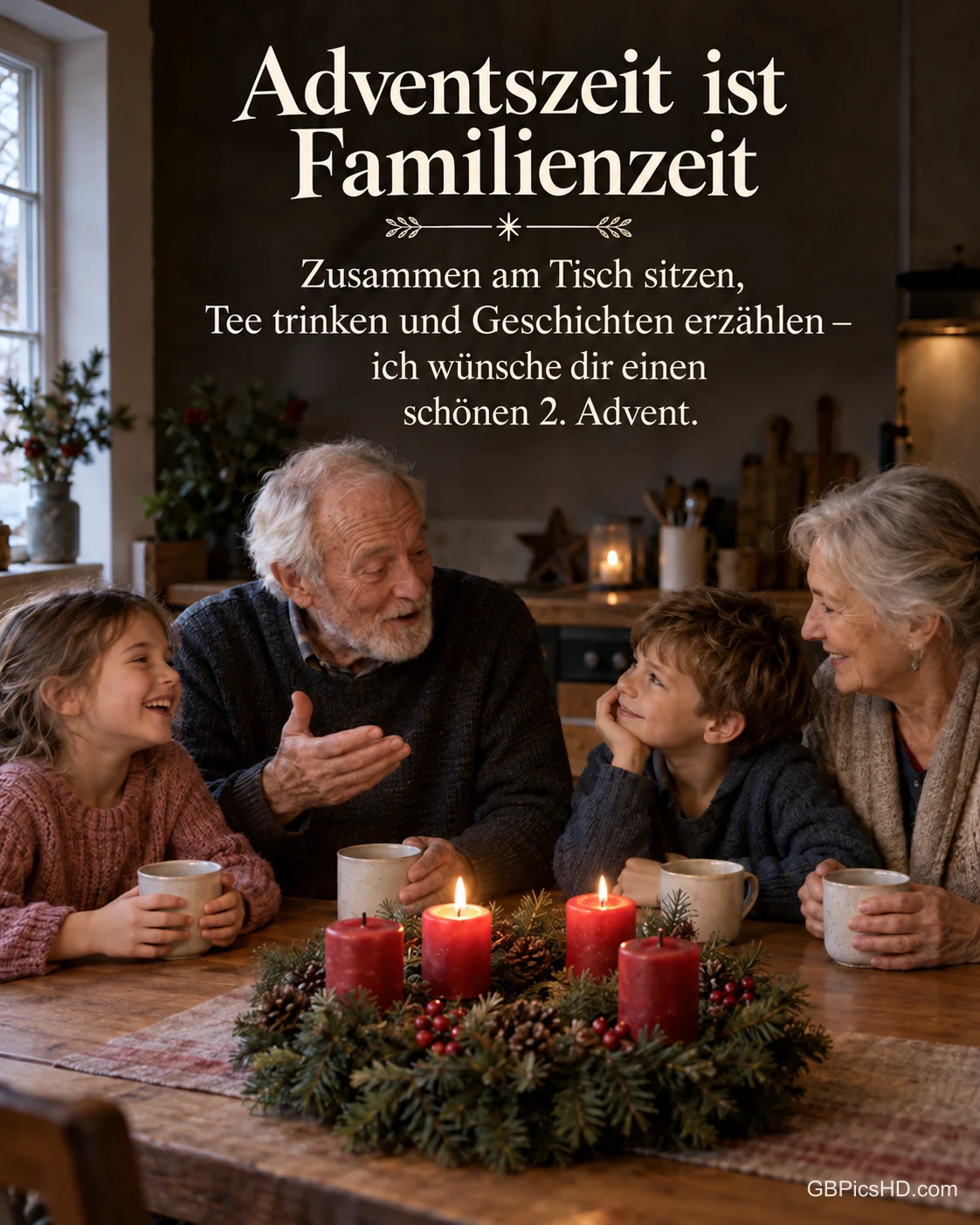 Großeltern und zwei Enkel sitzen lachend mit Tee am Küchentisch, auf dem Adventskranz brennen zwei Kerzen, dazu "Adventszeit ist Familienzeit". Großeltern und zwei Enkel sitzen lachend mit Tee am Küchentisch, auf dem Adventskranz brennen zwei Kerzen, dazu "Adventszeit ist Familienzeit".