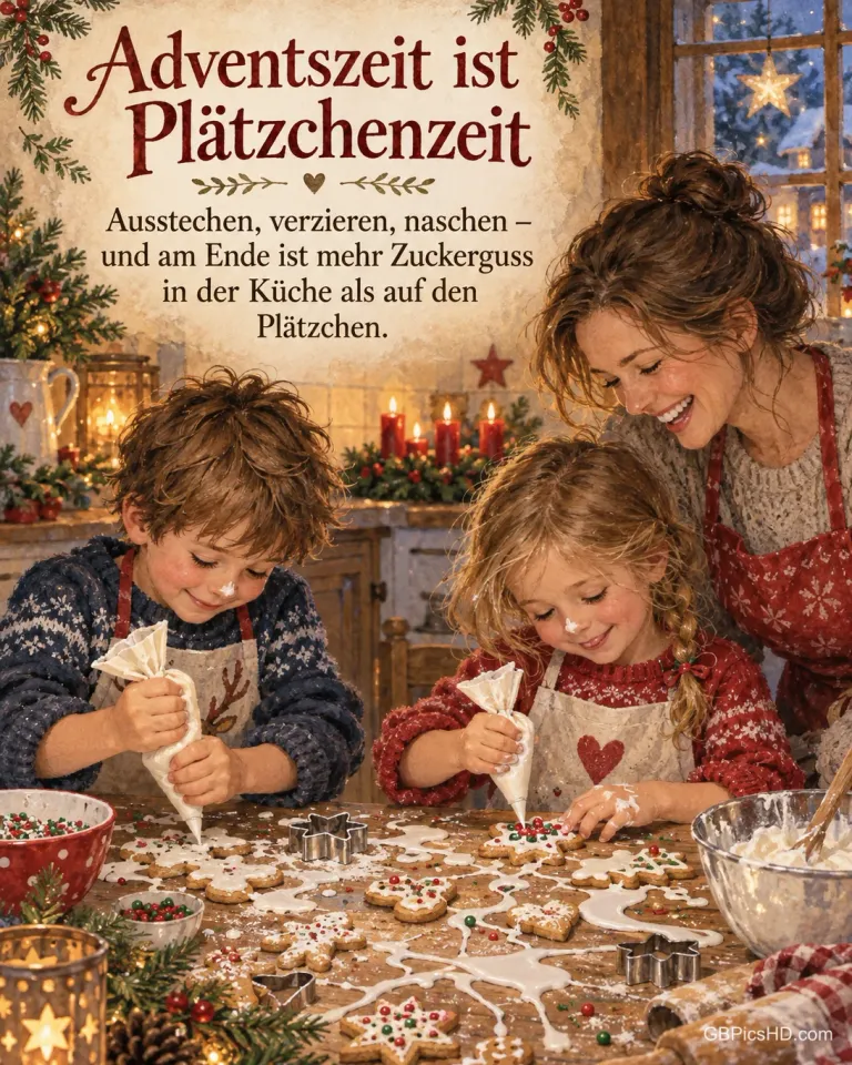 Zwei Kinder verzieren Plätzchen mit Zuckerguss, überall auf dem Tisch ist Guss, die Mutter lacht, dazu „Adventszeit ist Plätzchenzeit“.