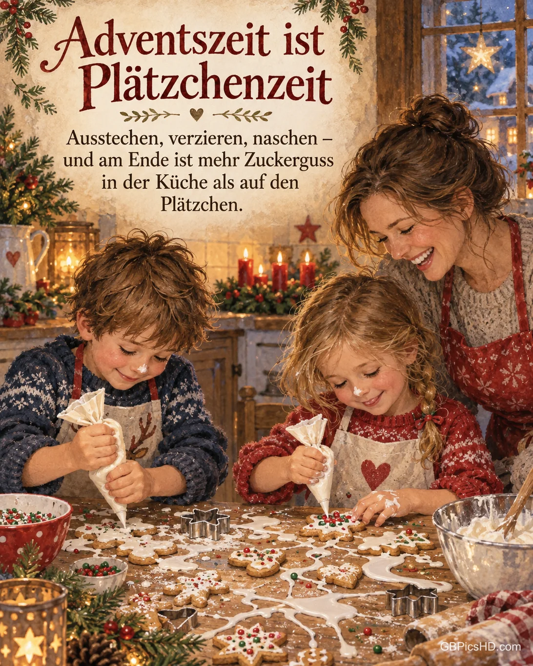 Zwei Kinder verzieren Plätzchen mit Zuckerguss, überall auf dem Tisch ist Guss, die Mutter lacht, dazu „Adventszeit ist Plätzchenzeit“.