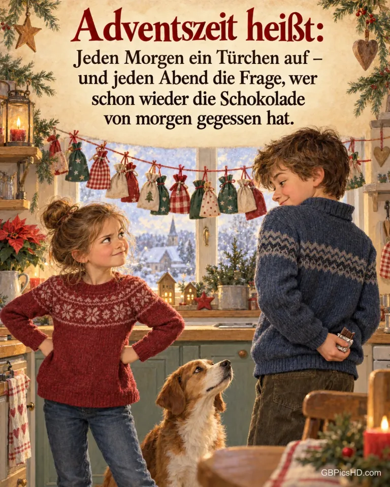 Ein Mädchen stemmt die Hände in die Hüften und schaut ihren großen Bruder an, der hinter dem Rücken ein Stück Schokolade versteckt, über dem Fenster hängt ein Adventskalender aus Stoffsäckchen, dazu „Adventszeit heißt“.