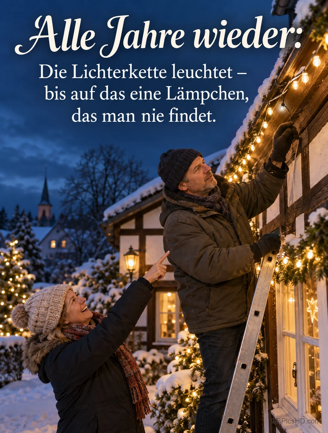Ein Mann prüft auf der Leiter die Lichterkette an einem verschneiten Fachwerkhaus, seine Frau zeigt lachend nach oben, dazu „Alle Jahre wieder“.