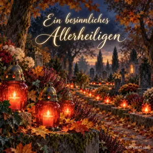 Rote Grablichter leuchten in der Dämmerung zwischen Herbstlaub auf einem ruhigen Friedhof mit alten Bäumen, darüber "Ein besinnliches Allerheiligen".