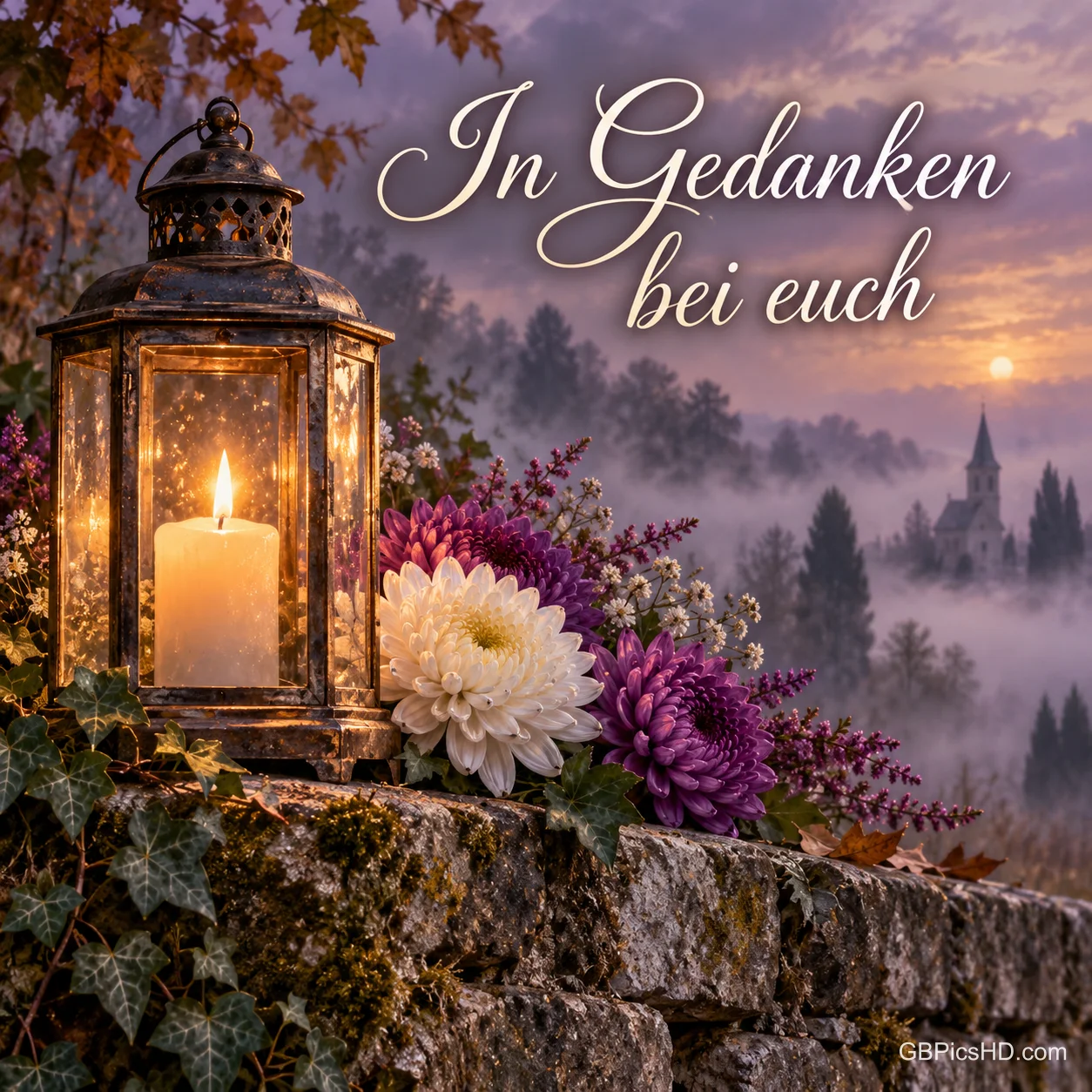 Eine Laterne mit brennender Kerze steht auf einer Steinmauer neben weißen und violetten Chrysanthemen im Nebel, dazu "In Gedanken bei euch". Eine Laterne mit brennender Kerze steht auf einer Steinmauer neben weißen und violetten Chrysanthemen im Nebel, dazu "In Gedanken bei euch".