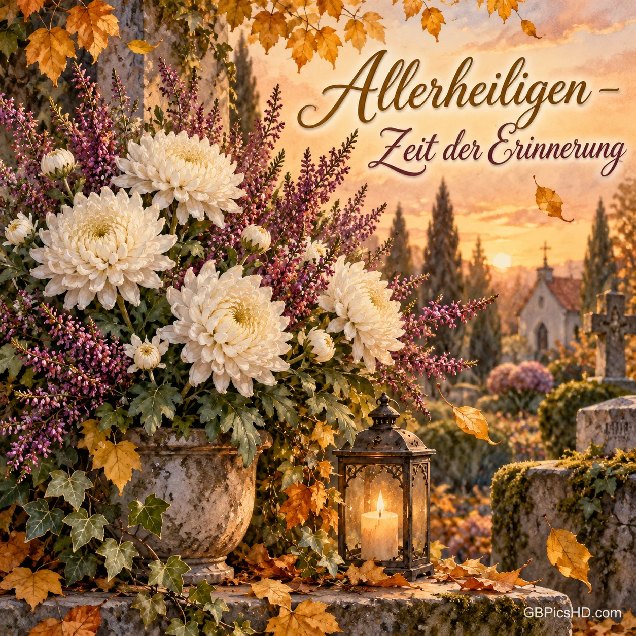 Ein Strauß weißer Chrysanthemen mit Heidekraut und eine Laterne im herbstlichen Friedhofsgarten bei Abendlicht mit dem Text "Allerheiligen – Zeit der Erinnerung". Ein Strauß weißer Chrysanthemen mit Heidekraut und eine Laterne im herbstlichen Friedhofsgarten bei Abendlicht mit dem Text "Allerheiligen – Zeit der Erinnerung".