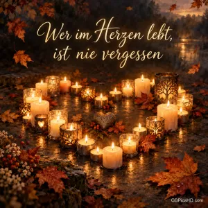 Viele kleine Kerzenlichter bilden ein leuchtendes Herz zwischen Herbstblättern, darüber die Worte "Wer im Herzen lebt, ist nie vergessen".