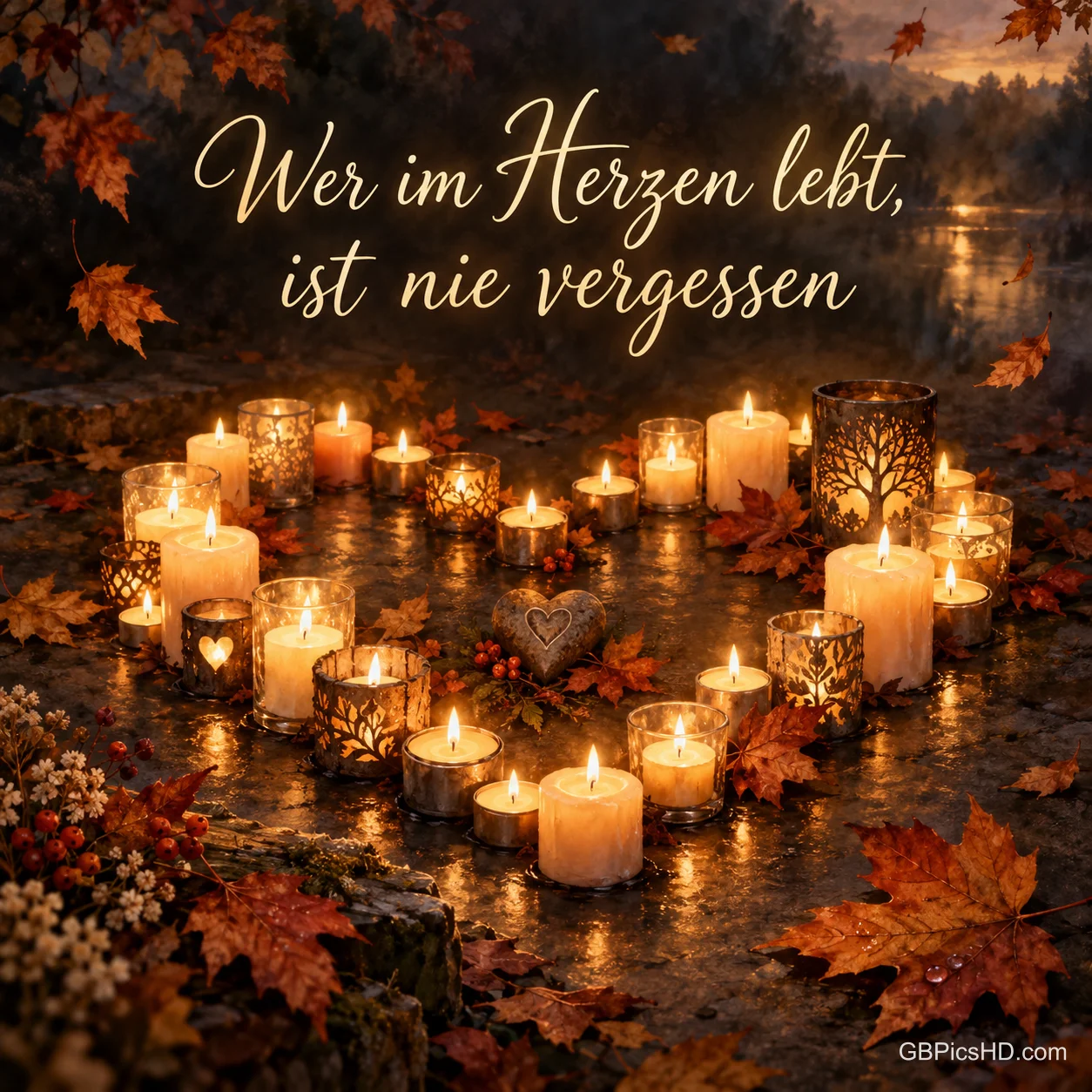Viele kleine Kerzenlichter bilden ein leuchtendes Herz zwischen Herbstblättern, darüber die Worte "Wer im Herzen lebt, ist nie vergessen". Viele kleine Kerzenlichter bilden ein leuchtendes Herz zwischen Herbstblättern, darüber die Worte "Wer im Herzen lebt, ist nie vergessen".