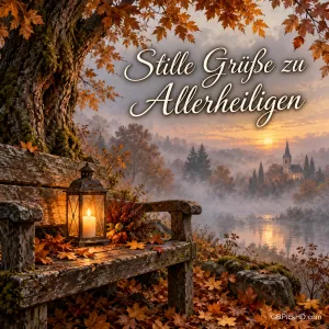 Eine Laterne mit Kerze steht auf einer Holzbank unter einem alten Baum im herbstlichen Nebel, dazu "Stille Grüße zu Allerheiligen".