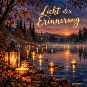 Zahlreiche Kerzenlichter spiegeln sich in der Dämmerung auf einem ruhigen See vor herbstlichen Baumsilhouetten mit dem Text "Licht der Erinnerung".