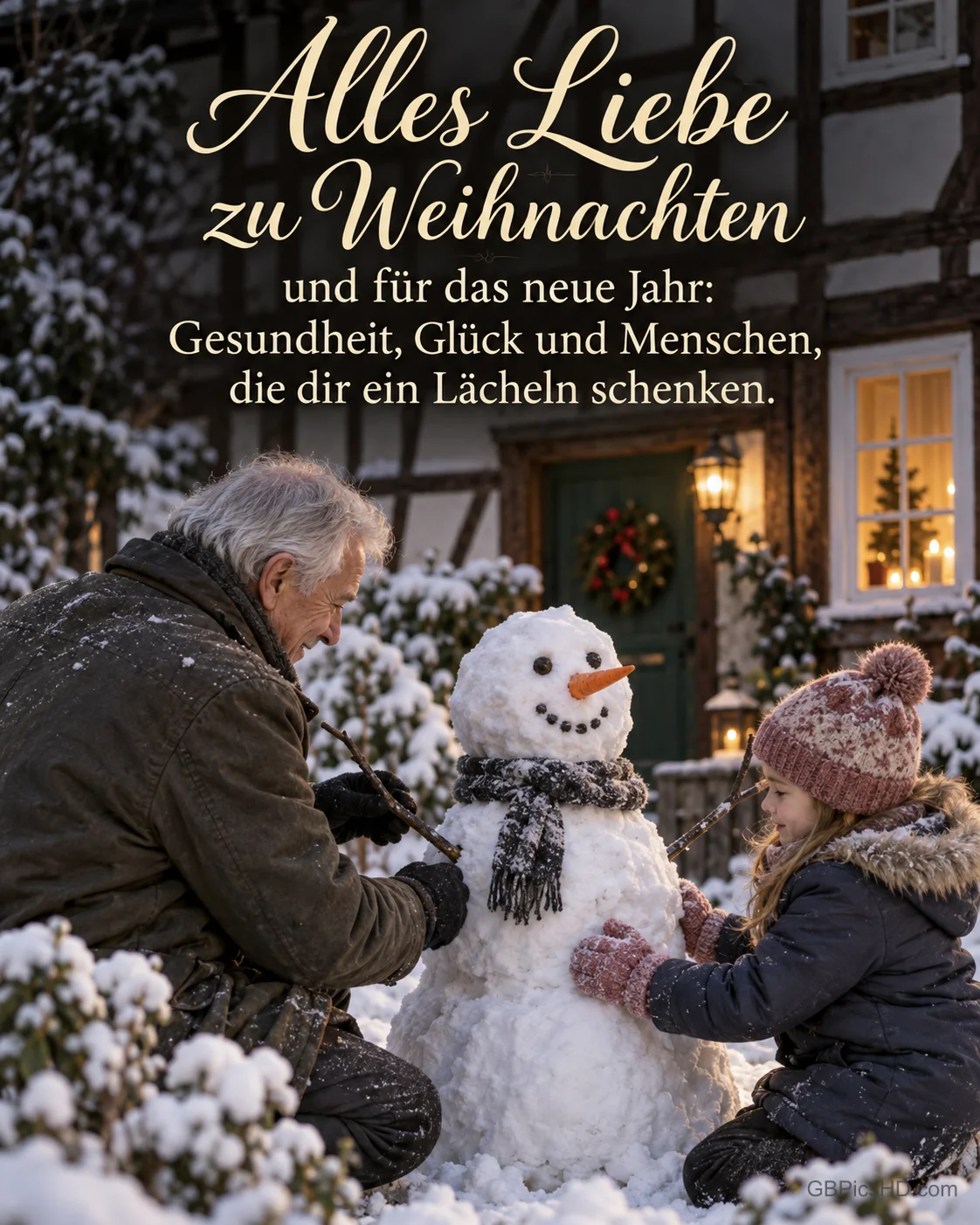 Ein Mädchen und ihr Opa bauen vor einem Fachwerkhaus zusammen einen Schneemann, dazu „Alles Liebe zu Weihnachten“.