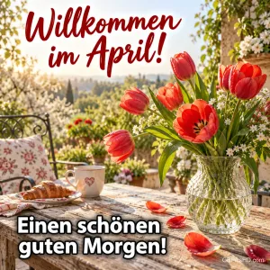 Rote Tulpen in einer Glasvase auf einem Gartentisch mit Croissant und Kaffeetasse, darüber "Willkommen im April!" und unten "Einen schönen guten Morgen!"