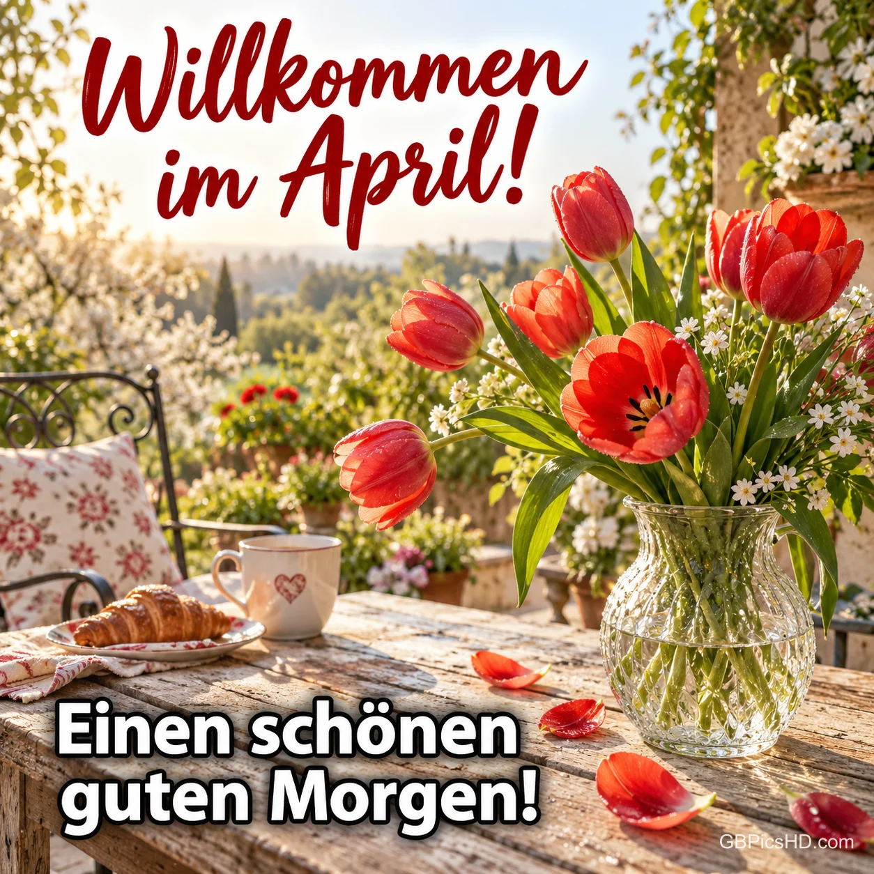 Rote Tulpen in einer Glasvase auf einem Gartentisch mit Croissant und Kaffeetasse, darüber "Willkommen im April!" und unten "Einen schönen guten Morgen!"