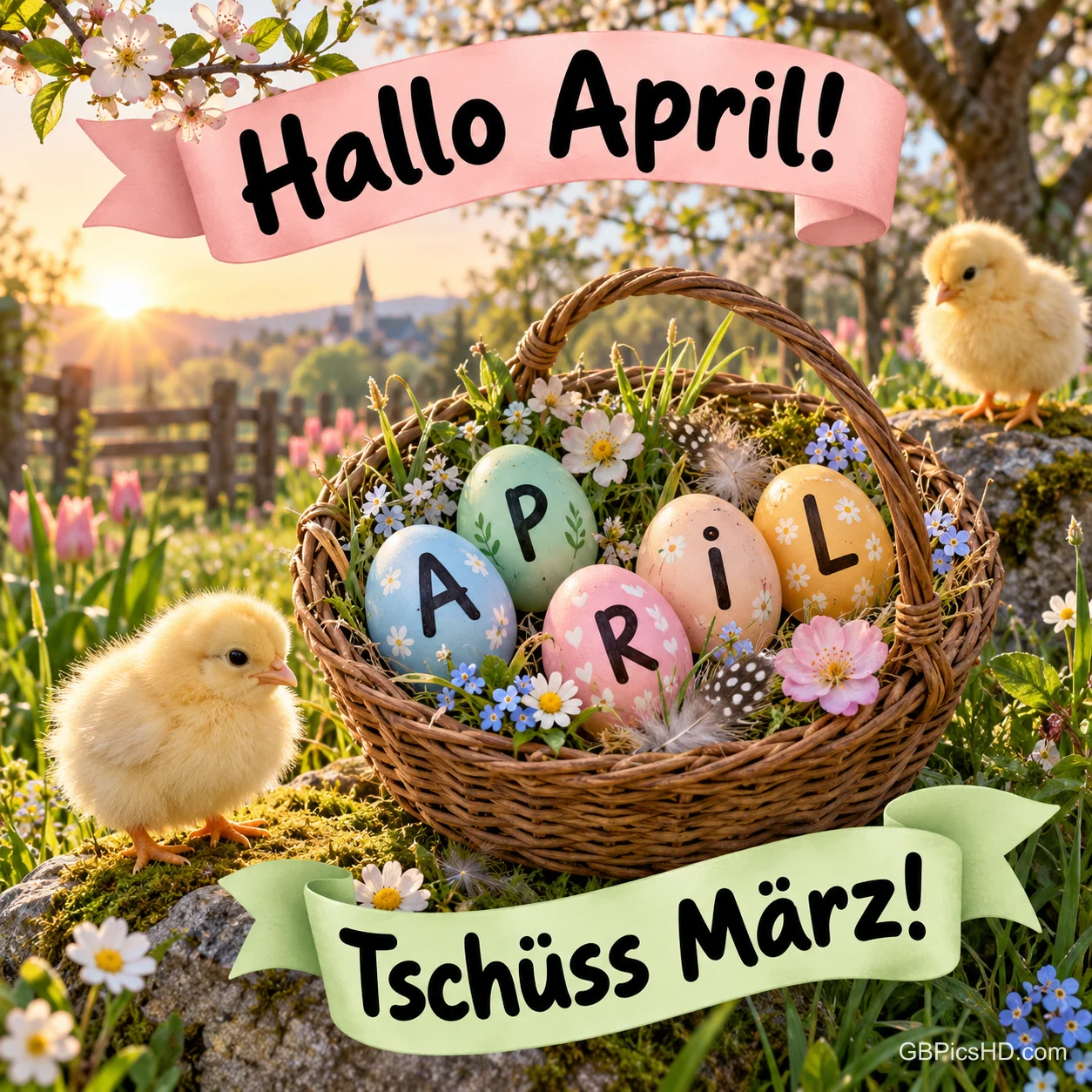 Osterkorb mit bunten Eiern, die das Wort APRIL bilden, zwei flauschige Küken auf einer Blumenwiese und Banner mit "Hallo April!" und "Tschüss März!" Osterkorb mit bunten Eiern, die das Wort APRIL bilden, zwei flauschige Küken auf einer Blumenwiese und Banner mit "Hallo April!" und "Tschüss März!"