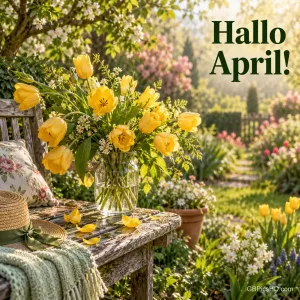 Gelbe Tulpen in einer Glasvase auf einer alten Gartenbank mit Strohhut und Decke, im blühenden Frühlingsgarten mit dem Schriftzug "Hallo April!"