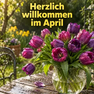Ein Strauß lila Tulpen mit Regentropfen in einer Glasvase auf einem nassen Holztisch im Garten, darüber in Gelb "Herzlich willkommen im April"