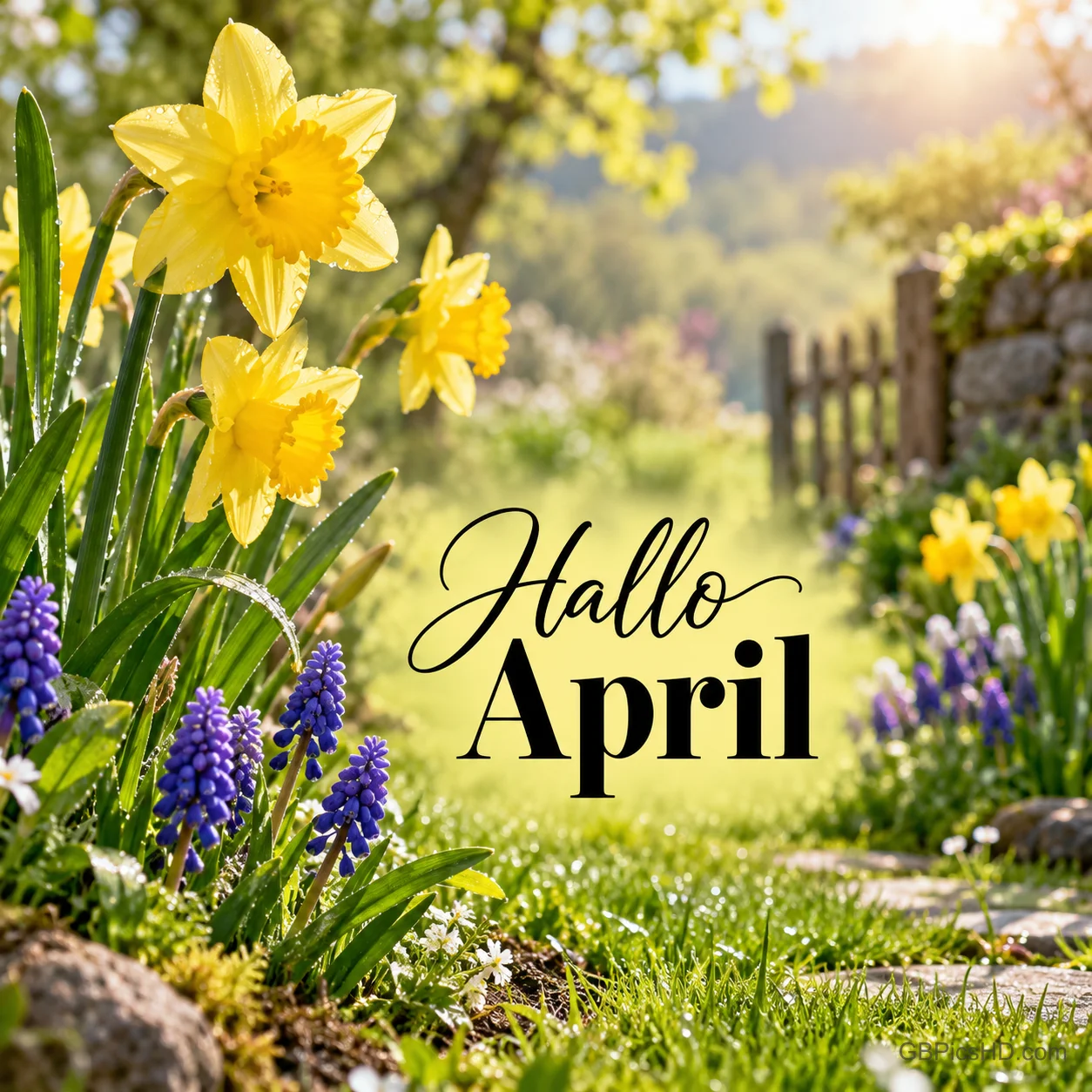 Gelbe Narzissen und blaue Traubenhyazinthen an einem sonnigen Gartenweg mit Holzzaun, dazu der elegante Schriftzug "Hallo April" in Schwarz Gelbe Narzissen und blaue Traubenhyazinthen an einem sonnigen Gartenweg mit Holzzaun, dazu der elegante Schriftzug "Hallo April" in Schwarz