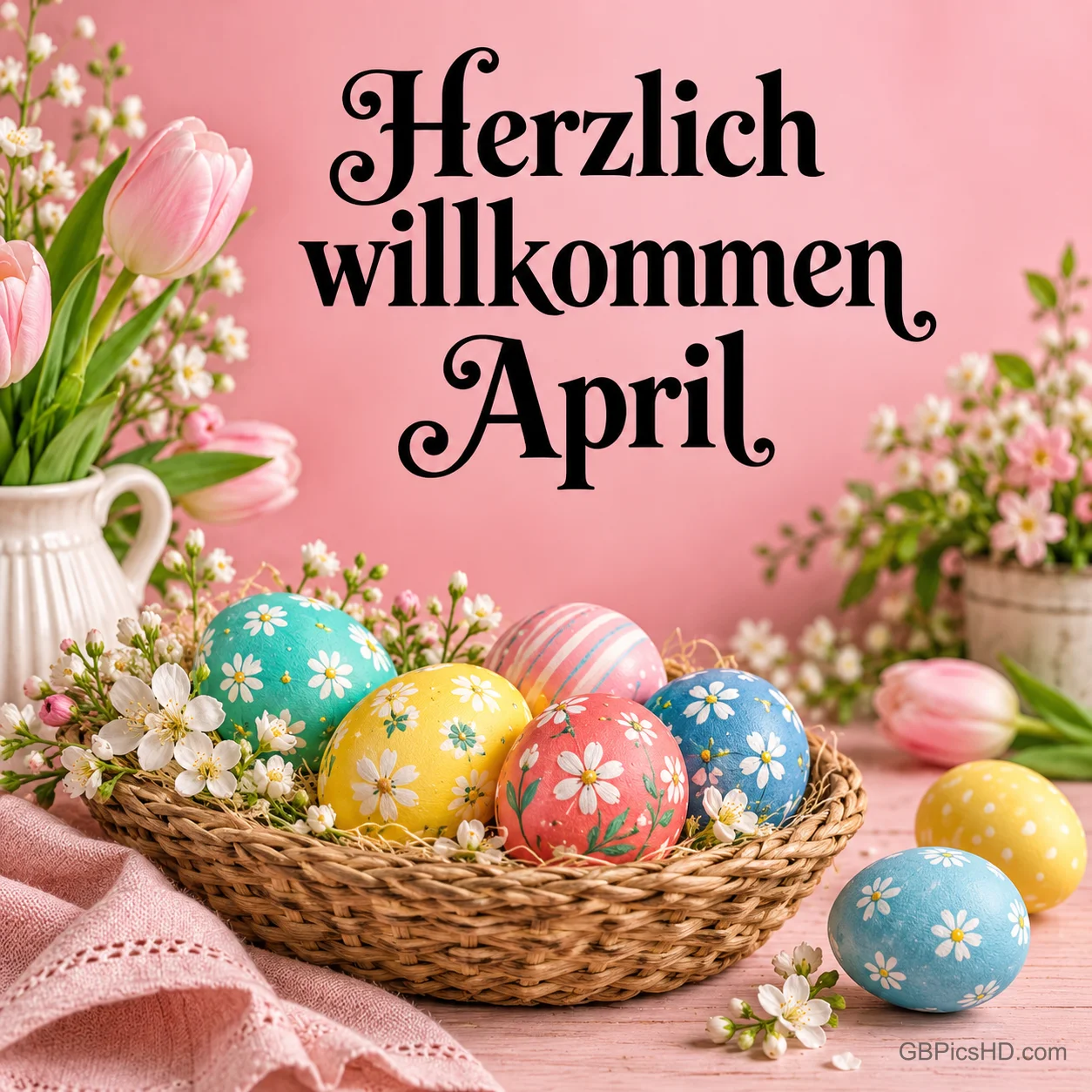 Korb mit bunt bemalten Ostereiern, rosa Tulpen in einer Kanne und Frühlingsblüten vor rosa Hintergrund mit dem Schriftzug "Herzlich willkommen April" Korb mit bunt bemalten Ostereiern, rosa Tulpen in einer Kanne und Frühlingsblüten vor rosa Hintergrund mit dem Schriftzug "Herzlich willkommen April"