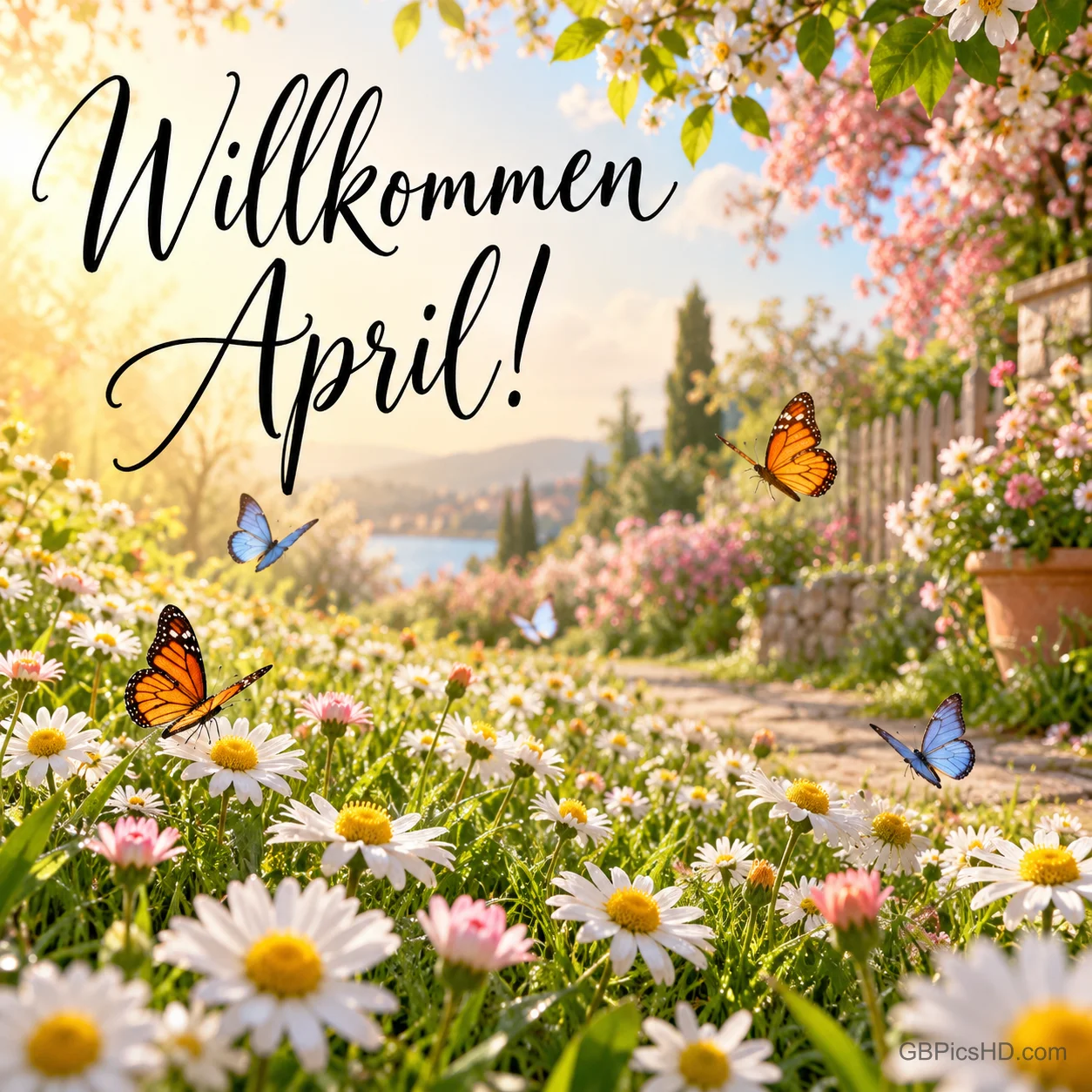 Blühende Wiese voller Gänseblümchen mit bunten Schmetterlingen, einem Gartenweg und Blick aufs Meer, darüber in Schreibschrift "Willkommen April!" Blühende Wiese voller Gänseblümchen mit bunten Schmetterlingen, einem Gartenweg und Blick aufs Meer, darüber in Schreibschrift "Willkommen April!"
