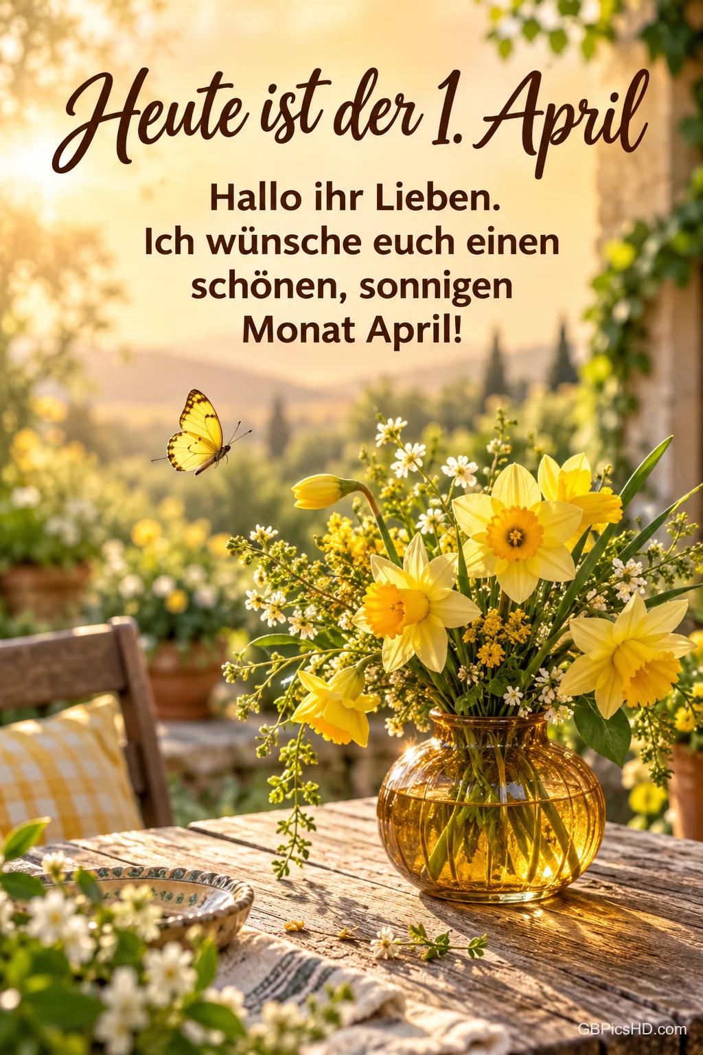 Gelbe Narzissen in einer Bernsteinvase auf einem Holztisch im sonnigen Garten mit Schmetterling und dem Gruß "Heute ist der 1. April" Gelbe Narzissen in einer Bernsteinvase auf einem Holztisch im sonnigen Garten mit Schmetterling und dem Gruß "Heute ist der 1. April"
