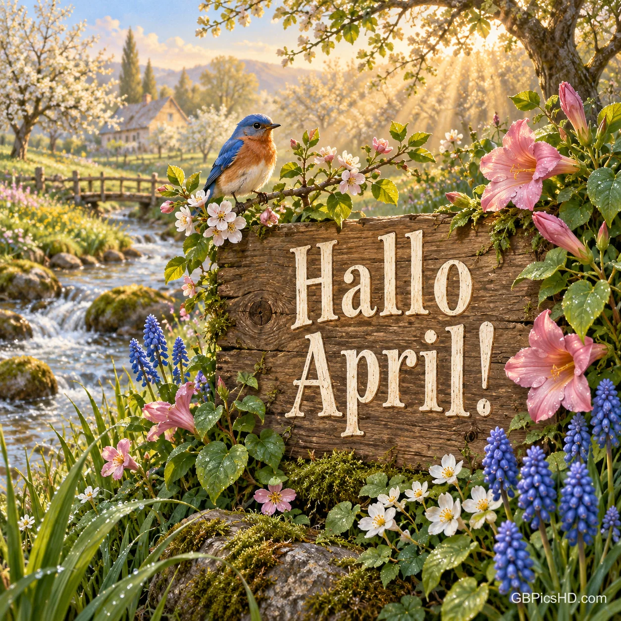 Holzschild mit "Hallo April!" zwischen rosa Blüten und Traubenhyazinthen, ein Vogel auf einem Zweig, dahinter ein Bach und blühende Bäume Holzschild mit "Hallo April!" zwischen rosa Blüten und Traubenhyazinthen, ein Vogel auf einem Zweig, dahinter ein Bach und blühende Bäume