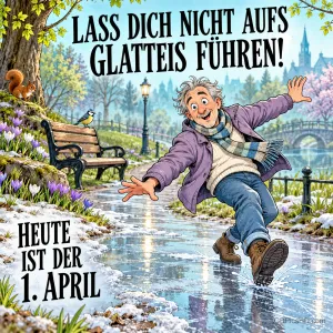 Comicfigur eines älteren Mannes mit Schal, der auf einem vereisten Parkweg ausrutscht, mit "Lass dich nicht aufs Glatteis führen!" und "Heute ist der 1. April"