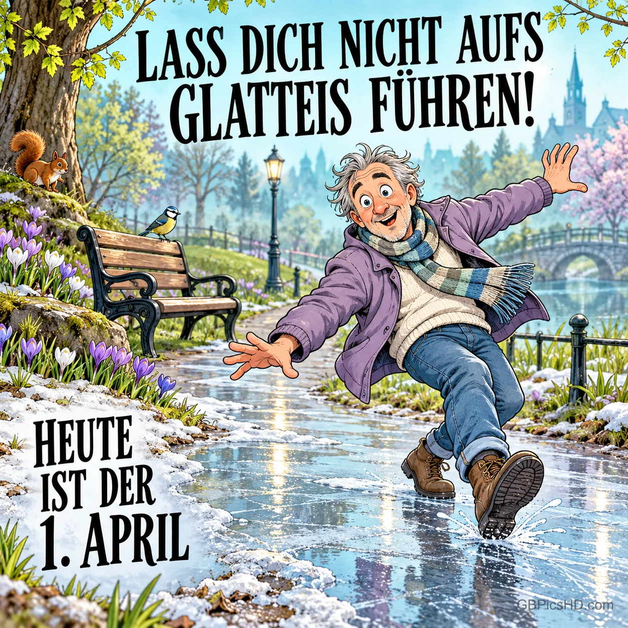 Comicfigur eines älteren Mannes mit Schal, der auf einem vereisten Parkweg ausrutscht, mit "Lass dich nicht aufs Glatteis führen!" und "Heute ist der 1. April" Comicfigur eines älteren Mannes mit Schal, der auf einem vereisten Parkweg ausrutscht, mit "Lass dich nicht aufs Glatteis führen!" und "Heute ist der 1. April"