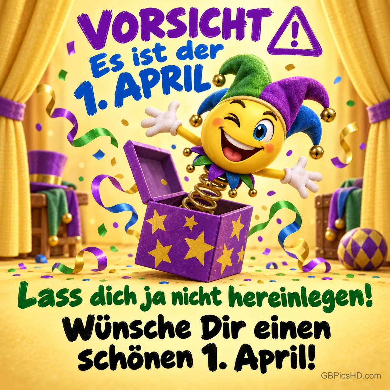 Lachender Smiley mit Narrenkappe springt aus einer lila Kiste voller Konfetti, dazu "Vorsicht", "Es ist der 1. April" und "Lass dich ja nicht hereinlegen!" Lachender Smiley mit Narrenkappe springt aus einer lila Kiste voller Konfetti, dazu "Vorsicht", "Es ist der 1. April" und "Lass dich ja nicht hereinlegen!"