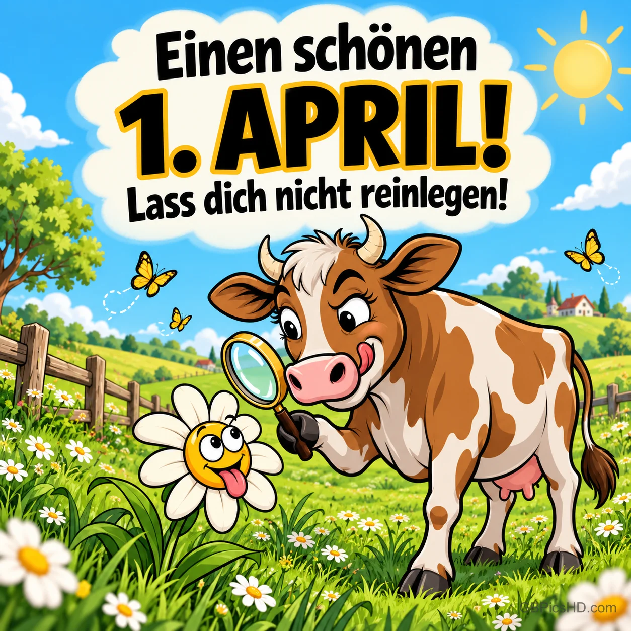 Neugierige Comic-Kuh mit Lupe betrachtet ein lachendes Gänseblümchen auf einer sonnigen Weide, darüber "Einen schönen 1. April!" und "Lass dich nicht reinlegen!" Neugierige Comic-Kuh mit Lupe betrachtet ein lachendes Gänseblümchen auf einer sonnigen Weide, darüber "Einen schönen 1. April!" und "Lass dich nicht reinlegen!"