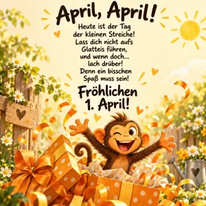 Zwinkernder Affe springt aus einem orangefarbenen Geschenkkarton mit Schleifen und Luftschlangen im sonnigen Garten, dazu "April, April!" und "Fröhlichen 1. April!"