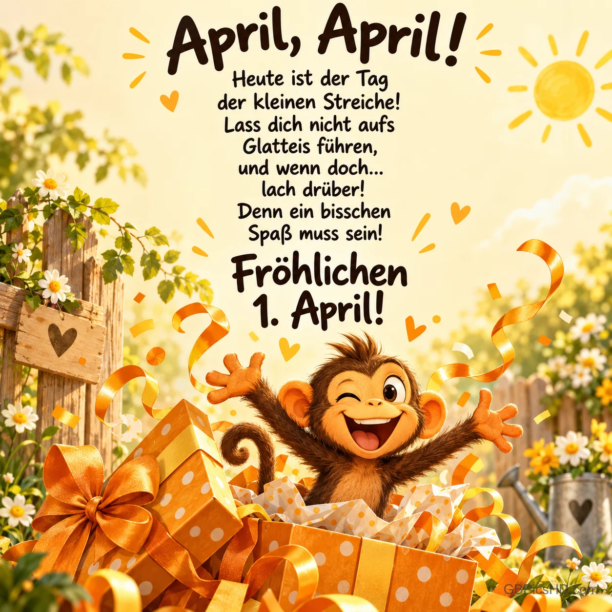 Zwinkernder Affe springt aus einem orangefarbenen Geschenkkarton mit Schleifen und Luftschlangen im sonnigen Garten, dazu "April, April!" und "Fröhlichen 1. April!" Zwinkernder Affe springt aus einem orangefarbenen Geschenkkarton mit Schleifen und Luftschlangen im sonnigen Garten, dazu "April, April!" und "Fröhlichen 1. April!"