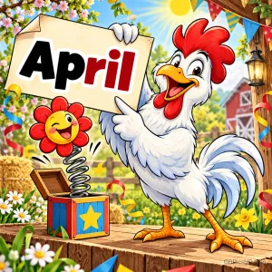 Lachender Hahn hält auf einem bunten Bauernhof ein Schild mit dem Wort "April" hoch, daneben springt eine lustige Blume an einer Feder aus einer Kiste