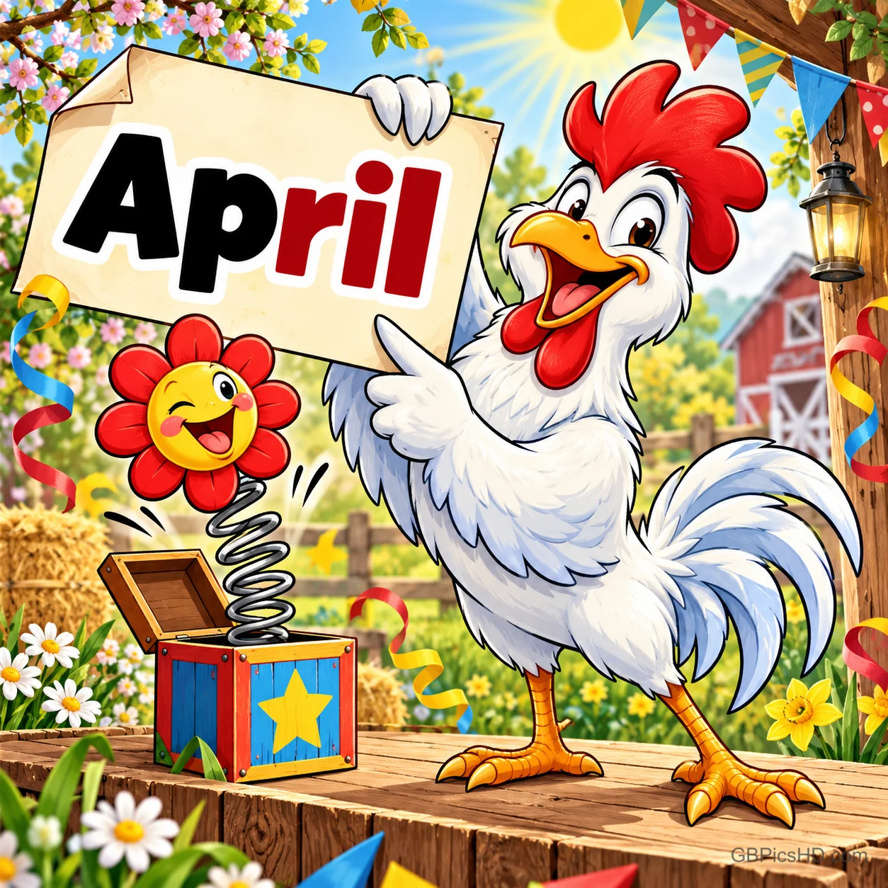 Lachender Hahn hält auf einem bunten Bauernhof ein Schild mit dem Wort "April" hoch, daneben springt eine lustige Blume an einer Feder aus einer Kiste Lachender Hahn hält auf einem bunten Bauernhof ein Schild mit dem Wort "April" hoch, daneben springt eine lustige Blume an einer Feder aus einer Kiste