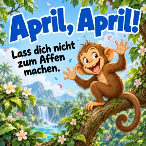 Fröhlicher Affe winkt von einem Ast im tropischen Dschungel mit Wasserfall und Konfetti, darüber "April, April!" und "Lass dich nicht zum Affen machen."