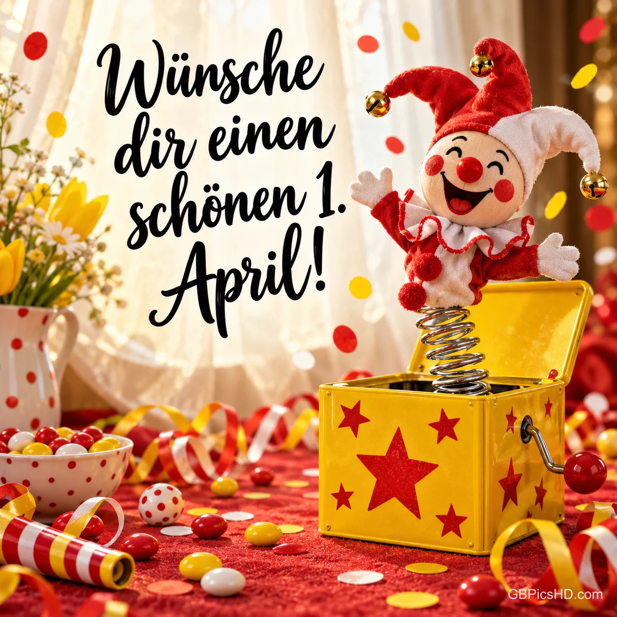 Ein lachender Narr springt aus einer gelben Kiste mit Sternen, umgeben von Luftschlangen und Konfetti, dazu "Wünsche dir einen schönen 1. April!". Ein lachender Narr springt aus einer gelben Kiste mit Sternen, umgeben von Luftschlangen und Konfetti, dazu "Wünsche dir einen schönen 1. April!".