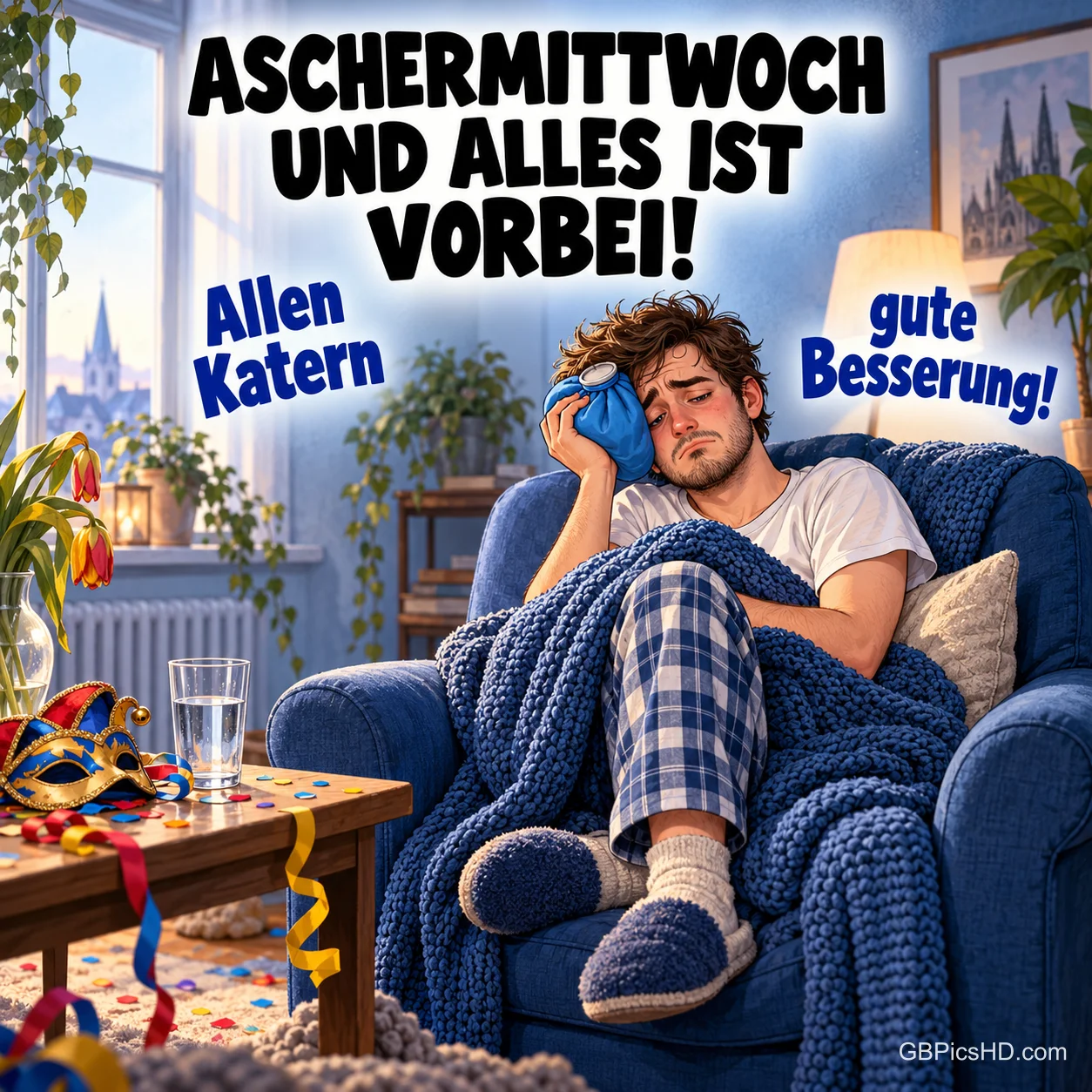 Ein müder junger Mann sitzt mit Eisbeutel auf dem Kopf in einem Sessel, umgeben von Konfetti und Faschingsresten, dazu ein Aschermittwochsgruß mit Genesungswunsch. Ein müder junger Mann sitzt mit Eisbeutel auf dem Kopf in einem Sessel, umgeben von Konfetti und Faschingsresten, dazu ein Aschermittwochsgruß mit Genesungswunsch.